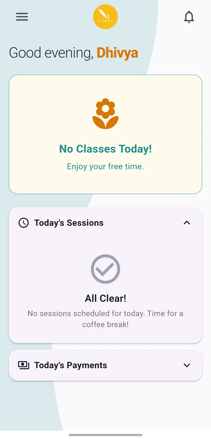 Nurturing Institute management app admin screen